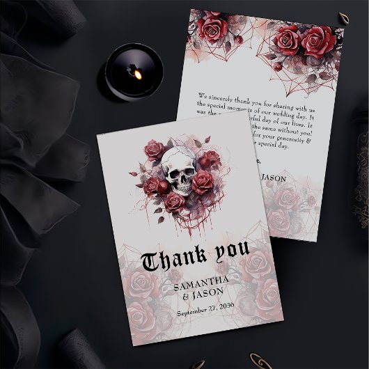 Moody Gothic Bloemen Schedel Halloween Bruiloft Bedankkaart