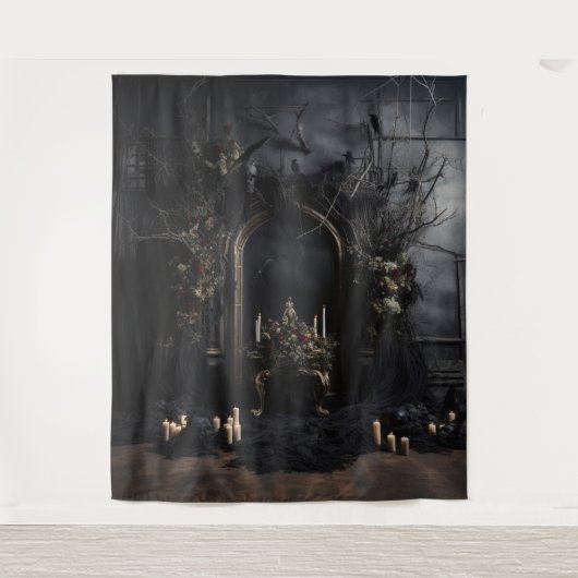 Moody Gothic Dark Arched Alter met Ravens XLarge Wandkleed (Voorkant)