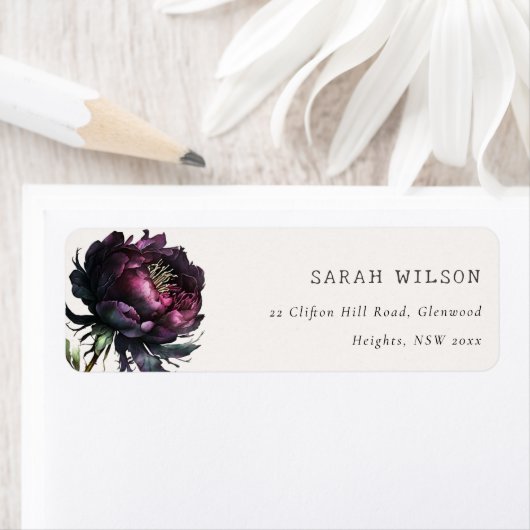 Moody Gothic Donker Paarse Zwarte Pioen Adres Etiket (Insitu)