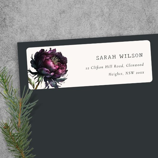 Moody Gothic Donker Paarse Zwarte Pioen Adres Etiket