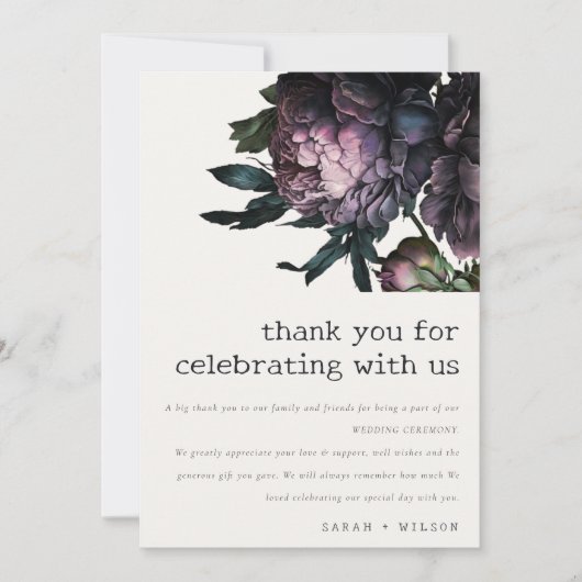 Moody Gothic Donker Paarse Zwarte Pioen Bruiloft Bedankkaart (Voorkant)