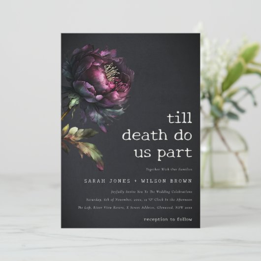 Moody Gothic Donker Paarse Zwarte Pioen Bruiloft Kaart (Staand voorkant)