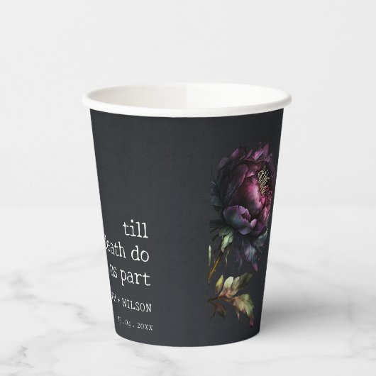 Moody Gothic Donker Paarse Zwarte Pioen Bruiloft Papieren Bekers (Links)