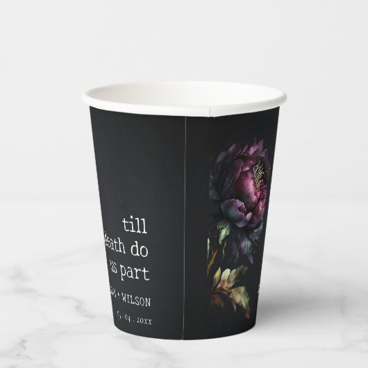 Moody Gothic Donker Paarse Zwarte Pioen Bruiloft Papieren Bekers (Rechts)
