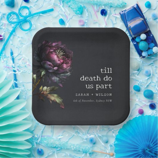 Moody Gothic Donker Paarse Zwarte Pioen Bruiloft Papieren Bordje (Feest)