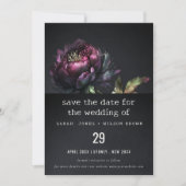 Moody Gothic Donker Paarse Zwarte Pioen Bruiloft Save The Date (Voorkant)