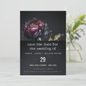 Moody Gothic Donker Paarse Zwarte Pioen Bruiloft Save The Date (Staand voorkant)