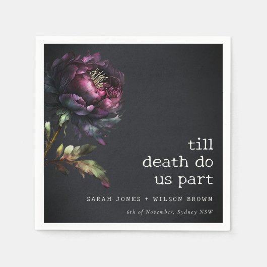 Moody Gothic Donker Paarse Zwarte Pioen Bruiloft Servet (Voorkant)