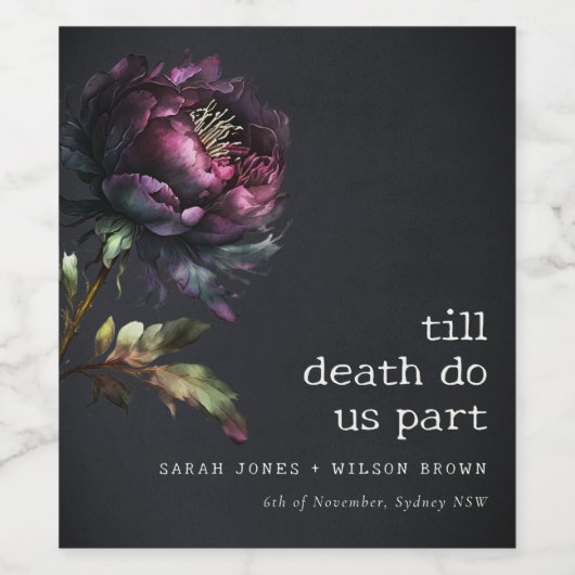 Moody Gothic Donker Paarse Zwarte Pioen Bruiloft Wijn Etiket (Enkel label)