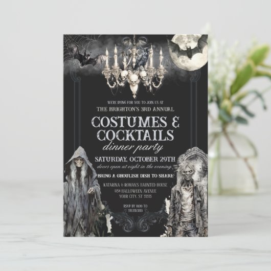 Moody Gothic Halloween Kostuum Cocktail Party Kaart (Staand voorkant)