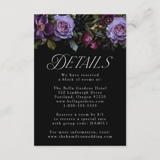 Moody Gothic Paarse Bloemen Bruiloft Details Informatiekaartje (Voorkant)