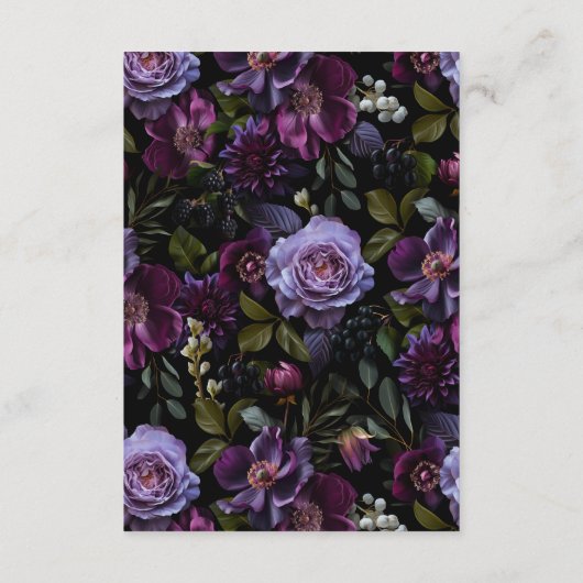 Moody Gothic Paarse Bloemen Bruiloft Details Informatiekaartje (Achterkant)