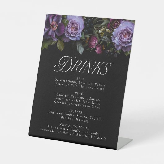 Moody Gothic Paarse Bloemen Bruiloft Drink Menu Reclamebord Met Voetstuk (Voorkant)
