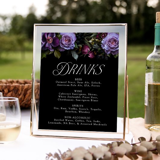 Moody Gothic Paarse Bloemen Bruiloft Drink Menu Si Poster
