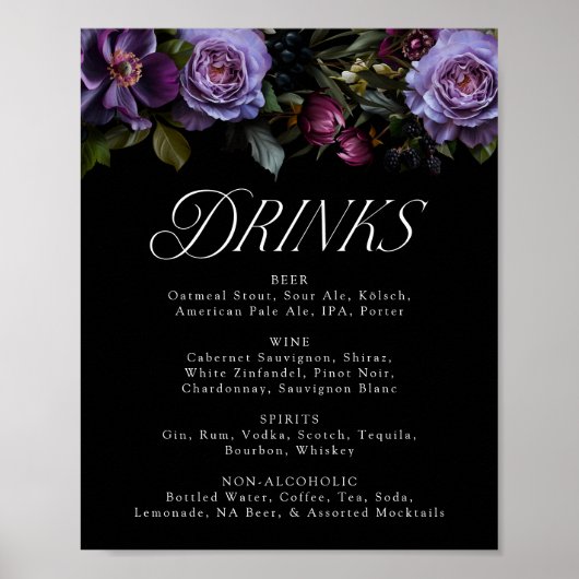 Moody Gothic Paarse Bloemen Bruiloft Drink Menu Si Poster (Voorkant)