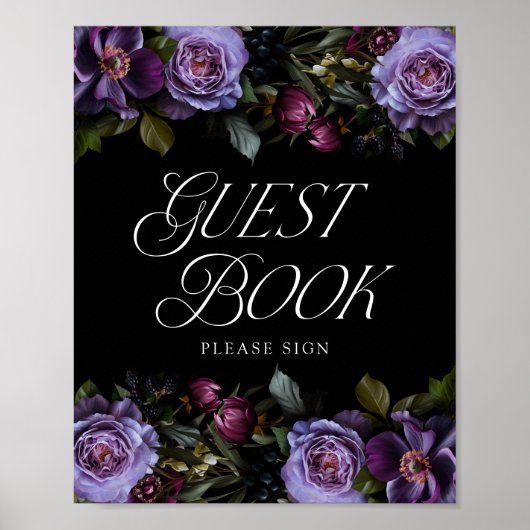 Moody Gothic Paarse Bloemen Bruiloft Gast Boek tek Poster (Voorkant)