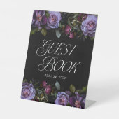 Moody Gothic Paarse Bloemen Bruiloft Gastenboek Reclamebord Met Voetstuk (Voorkant)