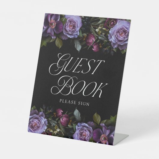 Moody Gothic Paarse Bloemen Bruiloft Gastenboek Reclamebord Met Voetstuk (Voorkant)