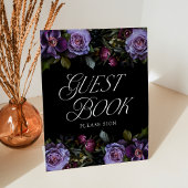 Moody Gothic Paarse Bloemen Bruiloft Gastenboek Reclamebord Met Voetstuk