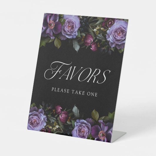 Moody Gothic Paarse Bloemen bruiloft gunsten Reclamebord Met Voetstuk (Voorkant)