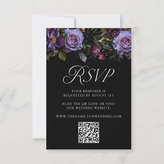 Moody Gothic Paarse Bloemen Bruiloft QR Code RSVP Kaartje (Voorkant)