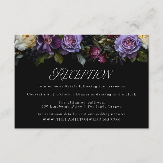 Moody Gothic Paarse Bloemen Bruiloft Receptie Informatiekaartje (Voorkant)