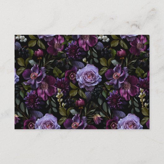 Moody Gothic Paarse Bloemen Bruiloft Receptie Informatiekaartje (Achterkant)