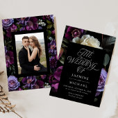Moody Gothic Paarse Bloemen Foto Bruiloft Kaart