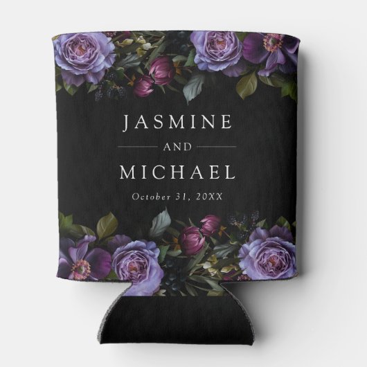 Moody Gothic Paarse bloemenbruiloft Blikjeskoeler (Achterkant)
