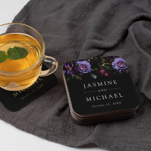 Moody Gothic Paarse bloemenbruiloft Kartonnen Onderzetters