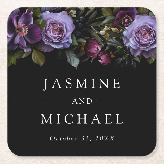 Moody Gothic Paarse bloemenbruiloft Kartonnen Onderzetters (Voorkant)