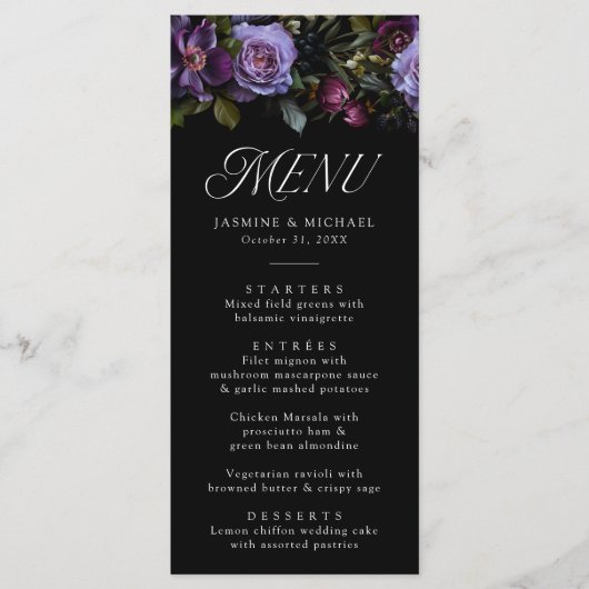 Moody Gothic Paarse bloemenbruiloft Menu (Voorkant)