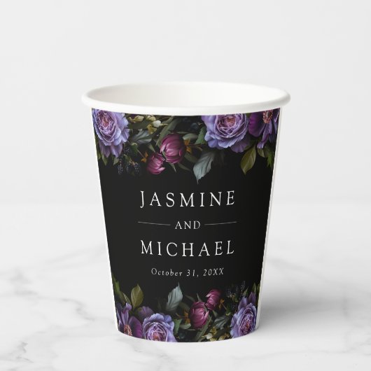 Moody Gothic Paarse bloemenbruiloft Papieren Bekers (Achterkant)