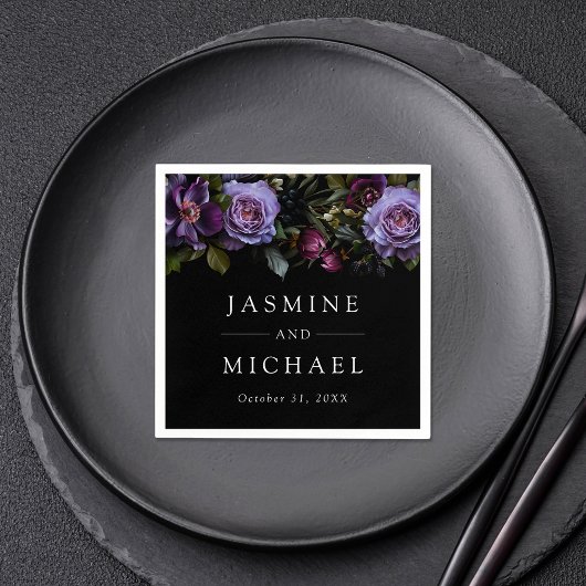 Moody Gothic Paarse bloemenbruiloft Servet