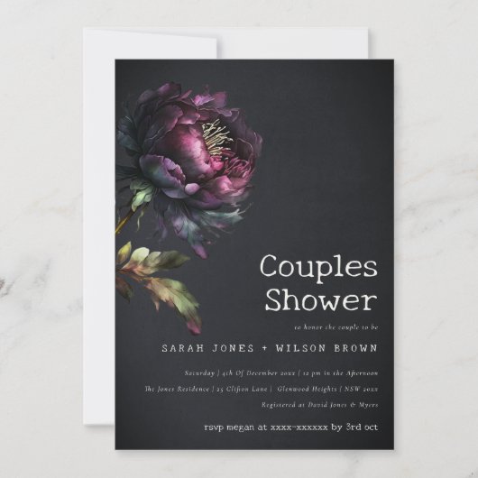 Moody Gothic Paarse Zwarte Pioen Koppels Douche Kaart (Voorkant)