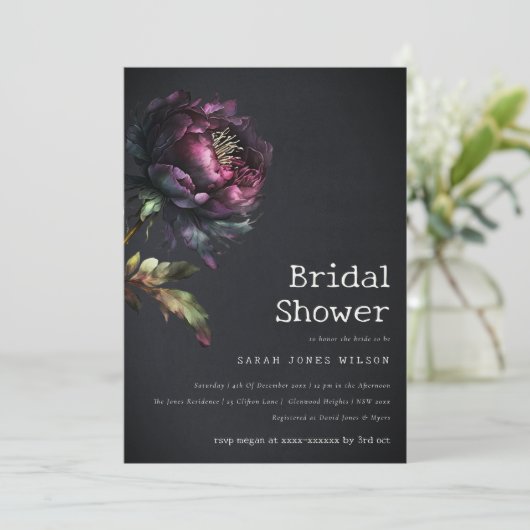 Moody Gothic Paarse Zwarte Pioen Vrijgezellenfeest Kaart (Staand voorkant)