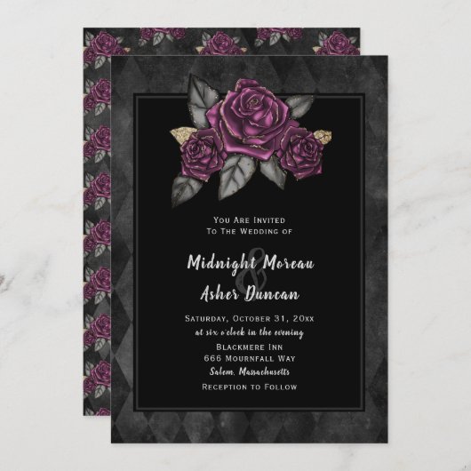 Moody Gothic Roos Black Wedding Invitation Kaart (Voorkant / Achterkant)