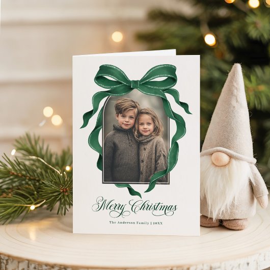 Moody Green Bow Custom Photo Christmas Holiday Feestdagen Kaart