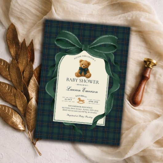 Moody Green Plaid Polo Teddy Bear Boy Baby Shower Kaart