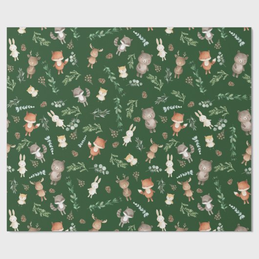 Moody Green Woodland Forest Animals Baby Birthday Cadeaupapier (Vlak)