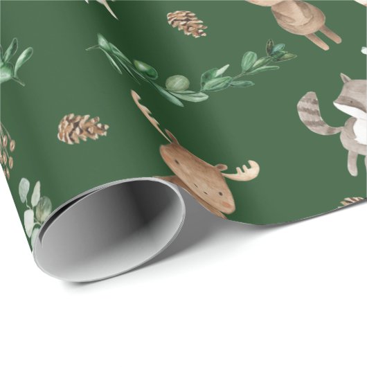 Moody Green Woodland Forest Animals Baby Birthday Cadeaupapier (Rol Hoek)