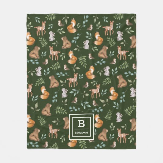 Moody Green Woodland Forest Animals Greenery Fleece Deken (Voorkant)