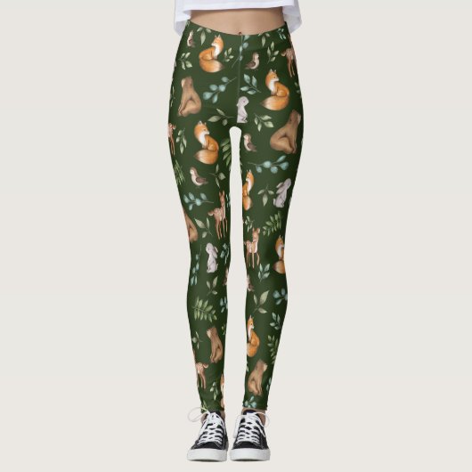 Moody Green Woodland Forest Animals Pattern Leggings (Voorkant)