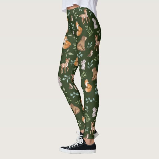 Moody Green Woodland Forest Animals Pattern Leggings (Links)