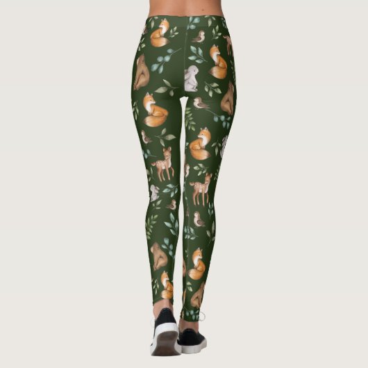 Moody Green Woodland Forest Animals Pattern Leggings (Achterkant)