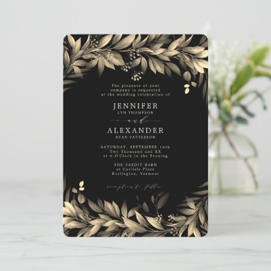 Moody Greenery Black & Beige Wedding Kaart (Staand voorkant)