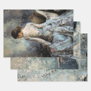 Moody Greys Elegante Vrouw Rug Bloemen Damast Inpakpapier Vel