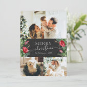 Moody Grijs Modern Script 3 Foto Vrolijk Kerstfees Feestdagenkaart (Staand voorkant)