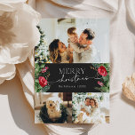 Moody Grijs Modern Script 3 Foto Vrolijk Kerstfees Feestdagenkaart<br><div class="desc">Dit collectie is voorzien van waterverf rode bloemen,  bessen & wintergroen met een moderne en elegante typografie,  met een winterbotanische patroonrug.</div>