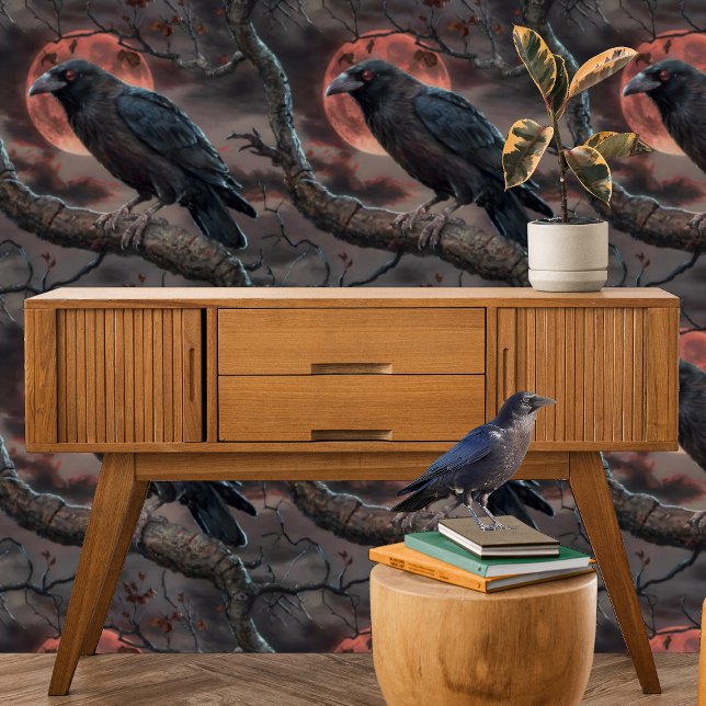 Moody Halloween Crow Bloedrode Maan Peel en Stick Behang (Creator heeft geüpload)